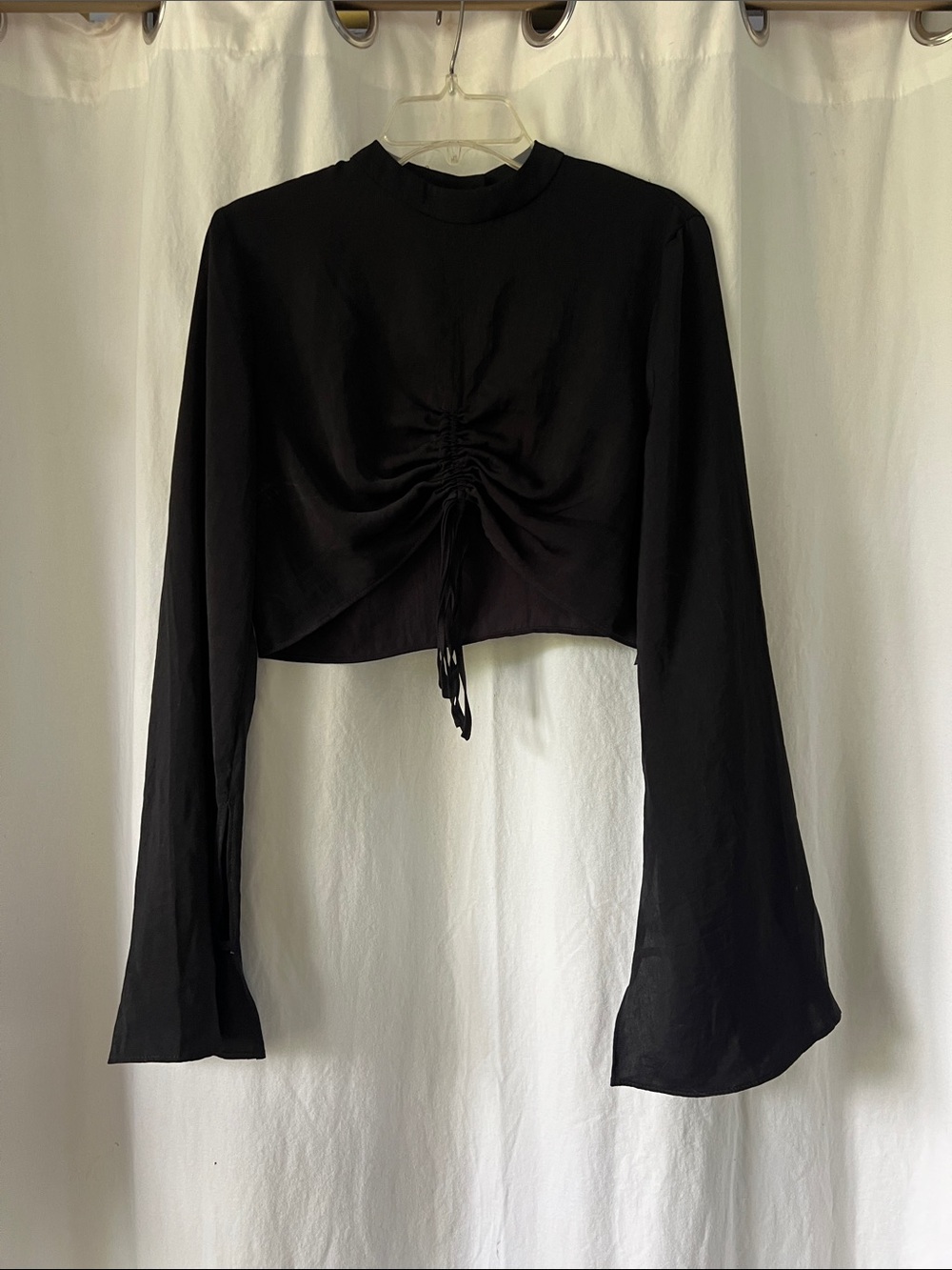 Topshop Black Long-Sleeve Ruched Drawstring Crop Top